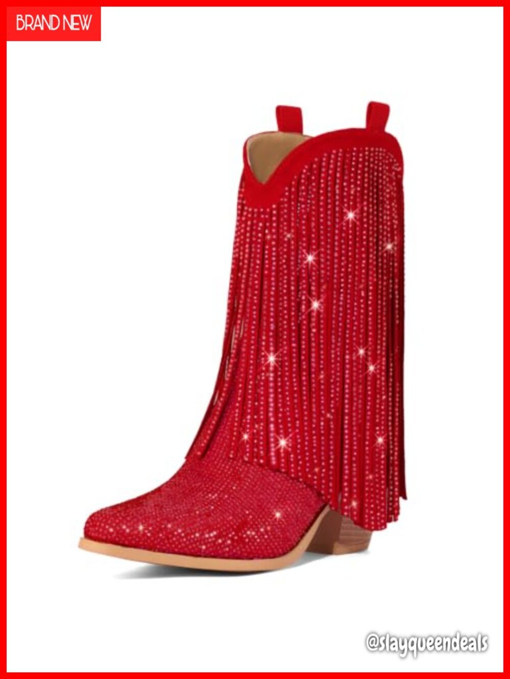Rhinestone Cowboy Boots Pointed Toe Fringe Mid-Calf Western Boots